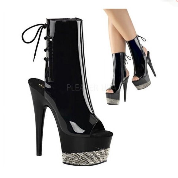 PLEASER ADORE-1016 BPU-M Platform Heels Open Toe Patent Rhinestone Ankle Boots 7 - Picture 7 of 7